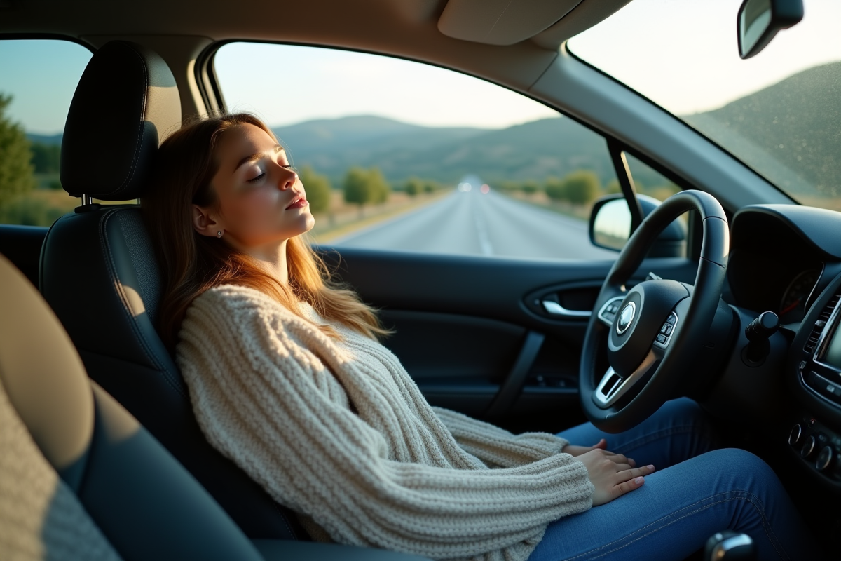 Jeune femme dormant dans une voiture en Toscane