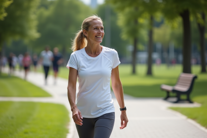 Femme d'âge moyen en tenue de sport dans un parc urbain
