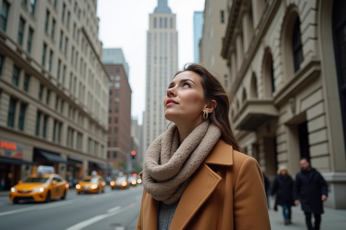 Femme élégante devant le Woolworth Building à New York