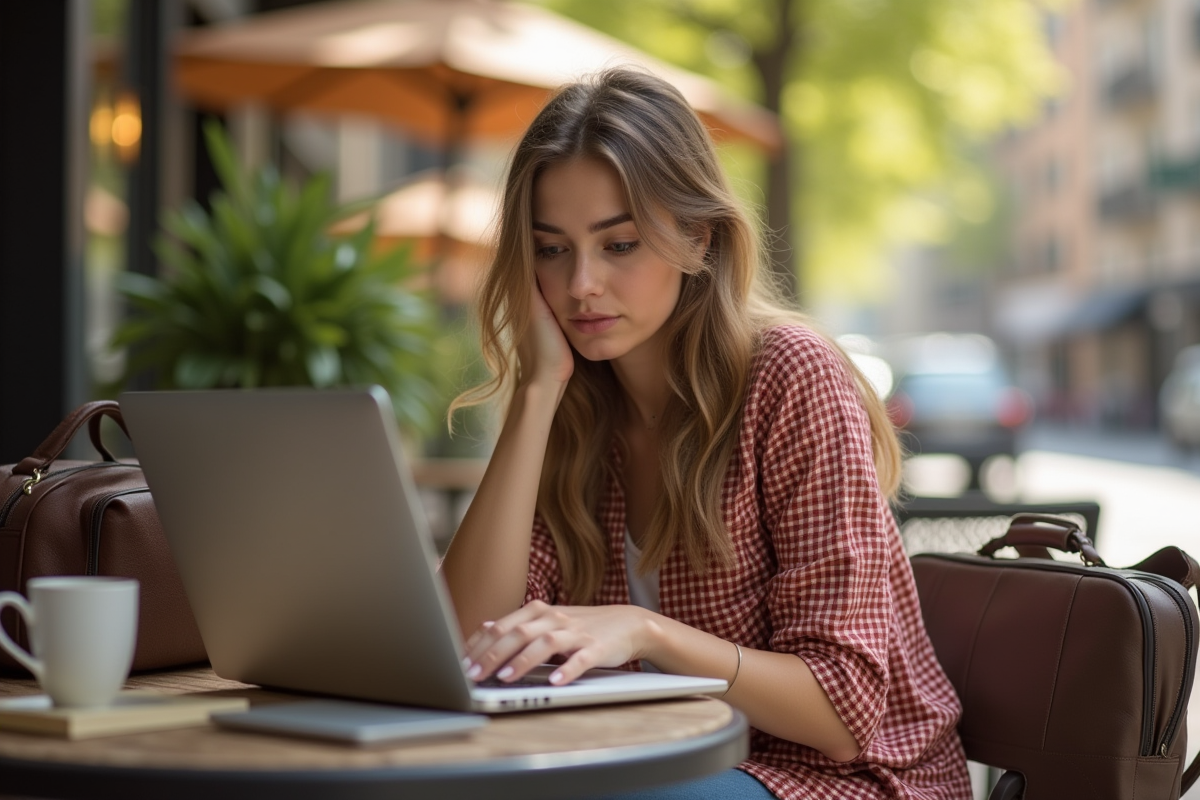 Jeune femme travaillant au café avec sac de voyage