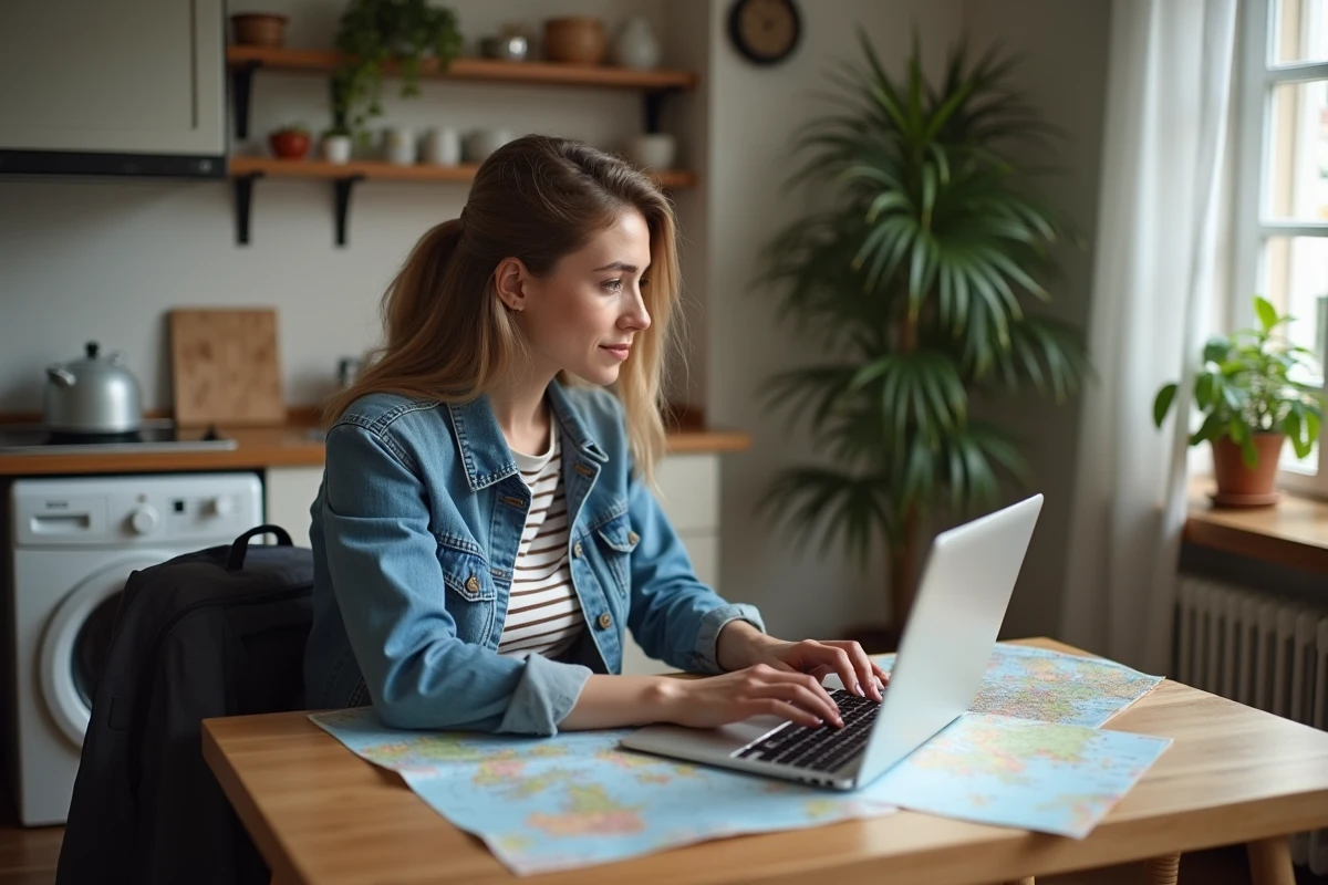 Jeune femme travaillant sur son ordinateur à la maison