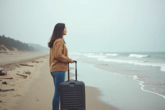Femme en vacances sur la plage au coucher du soleil