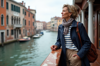 Femme élégante regardant le canal de Venise depuis un vaporetto