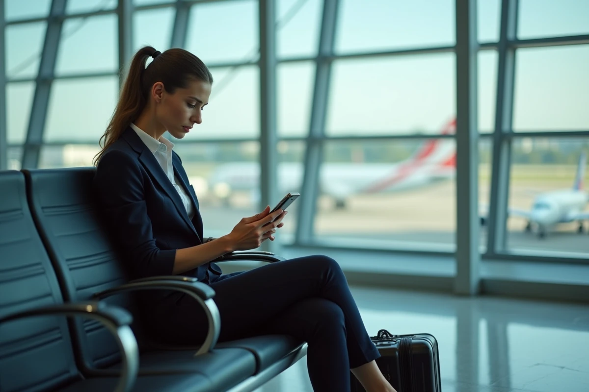 Femme d affaires regardant son smartphone à l aéroport