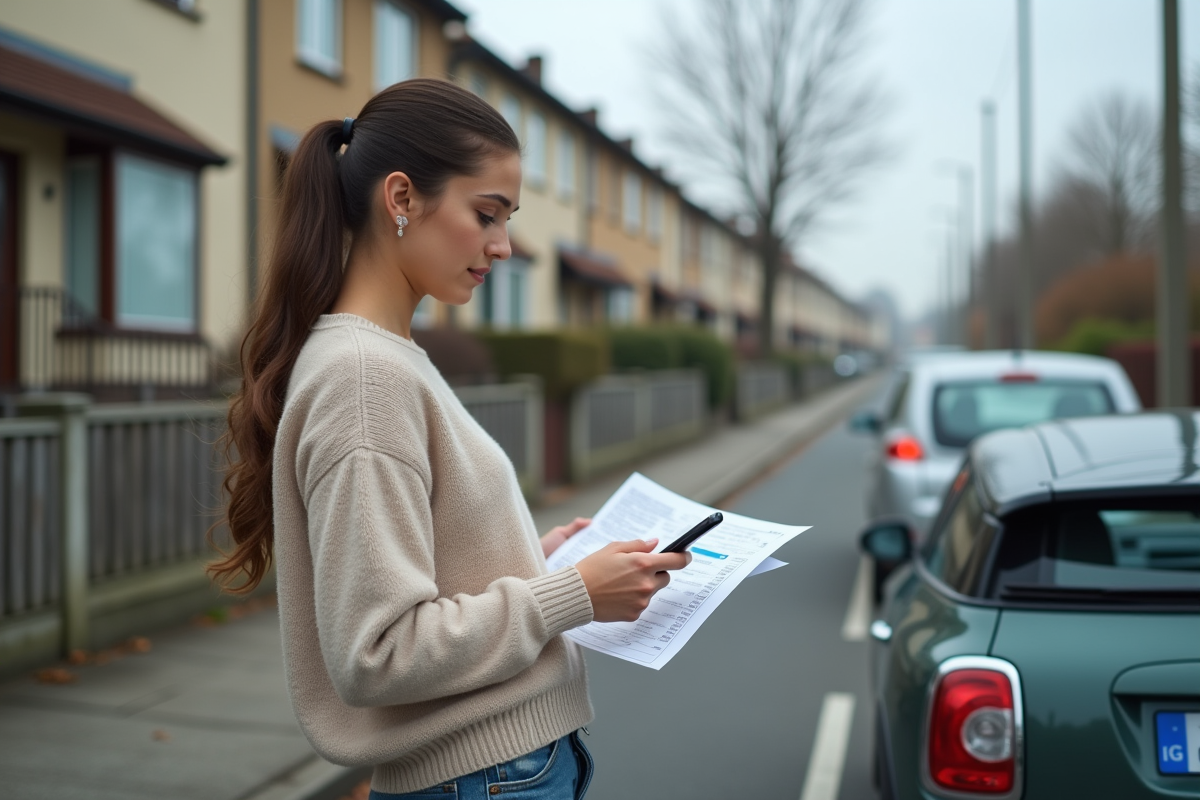 Jeune femme vérifiant des reçus de transport devant une voiture dans la rue