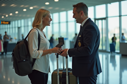 Femme voyageuse parlant avec un agent de douane à l'aéroport