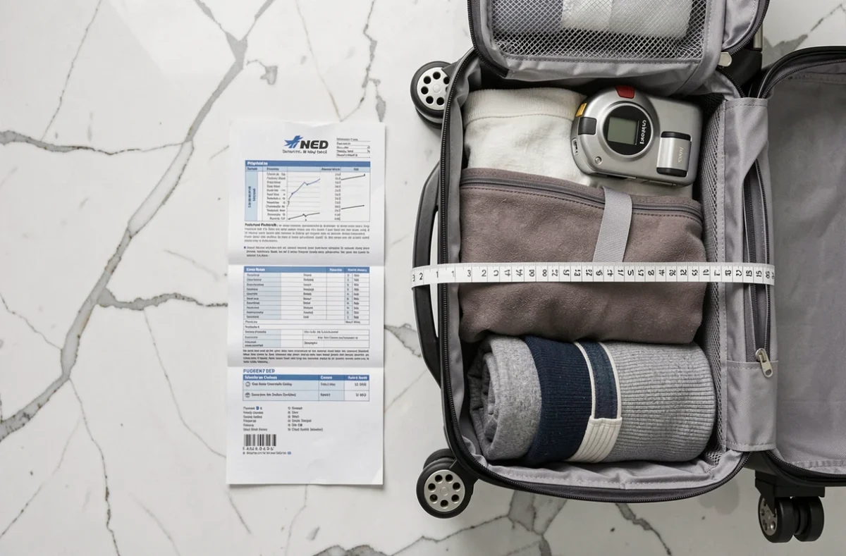 Flat-lay d'une valise cabine ouverte avec ruban de mesure et fiche des normes bagage compagnie aérienne