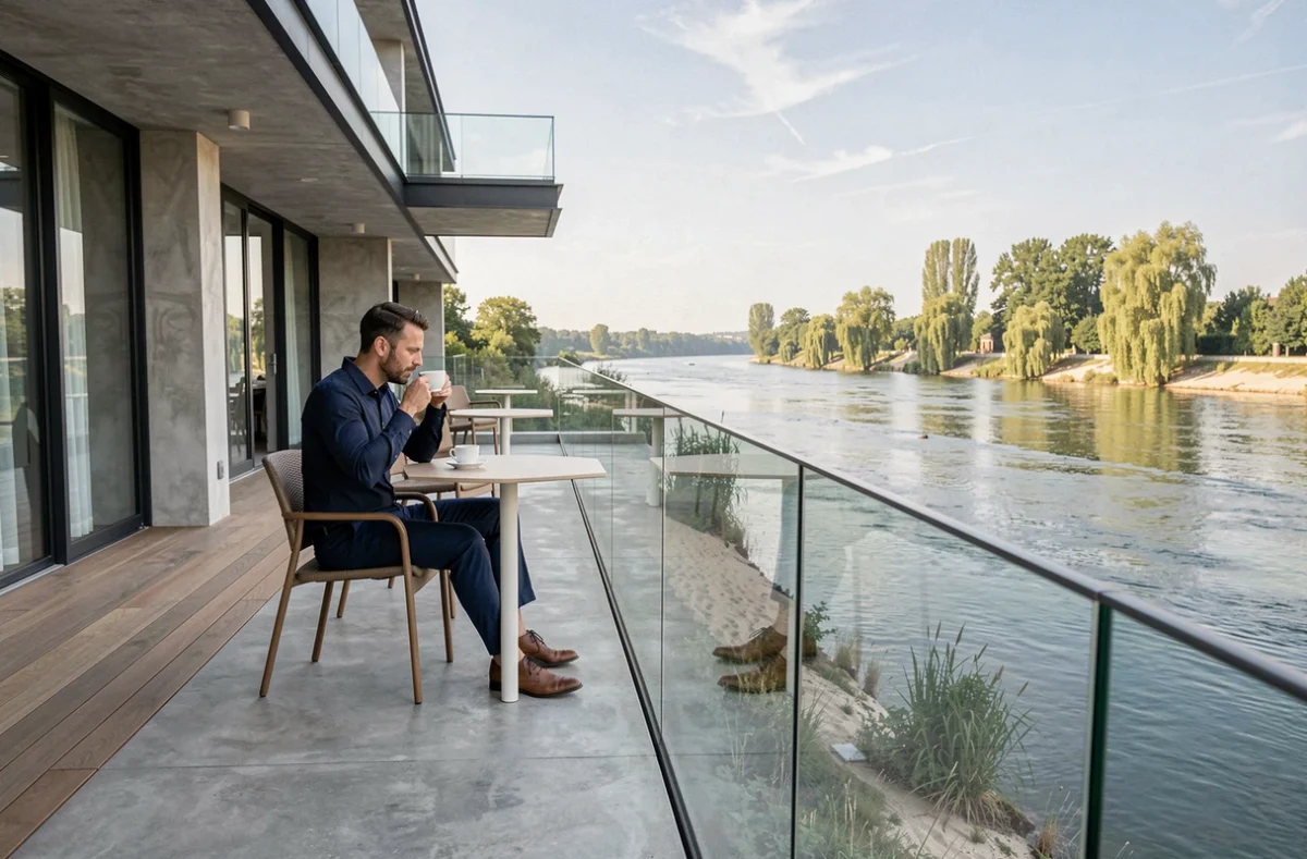 Homme attablé sur la terrasse contemporaine de Fleur de Loire à Amboise, surplombant directement le fleuve Loire