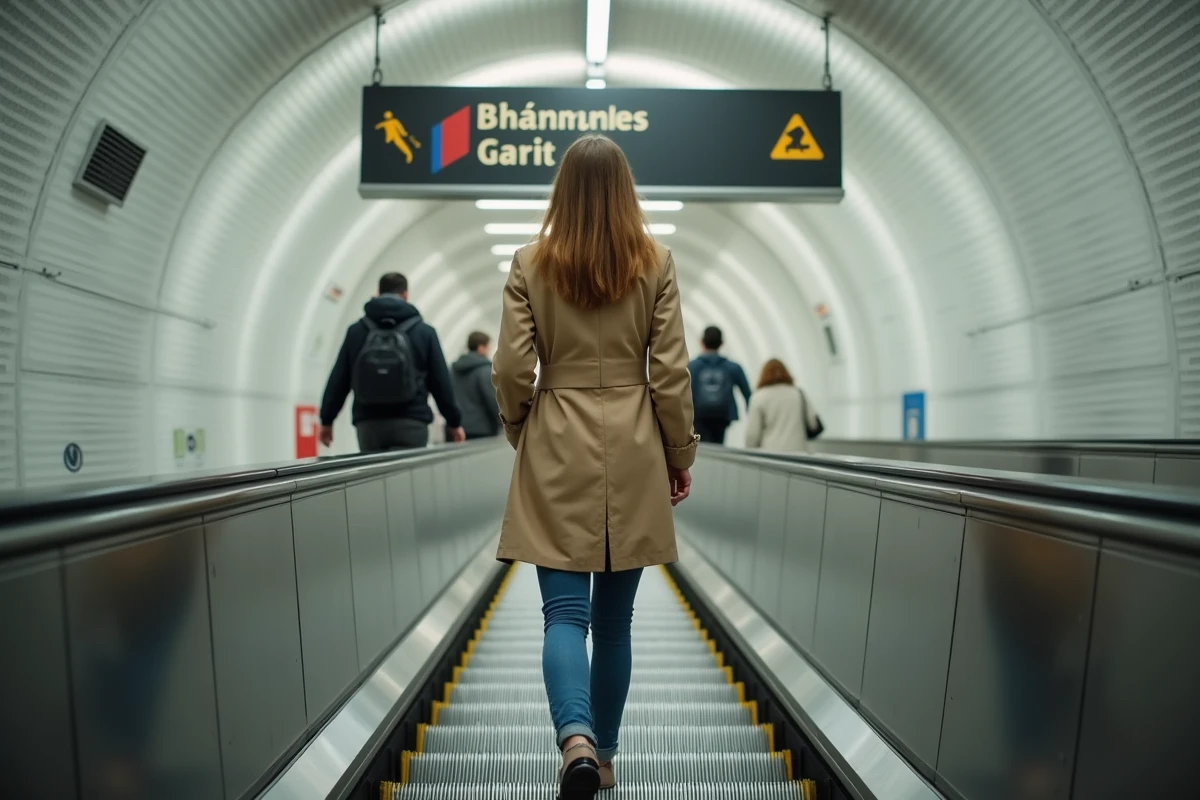 Jeune femme montant un escalator dans le métro à Lille Flandres