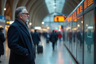 Homme d'âge moyen lisant un tableau d'horaires à Lille Flandres