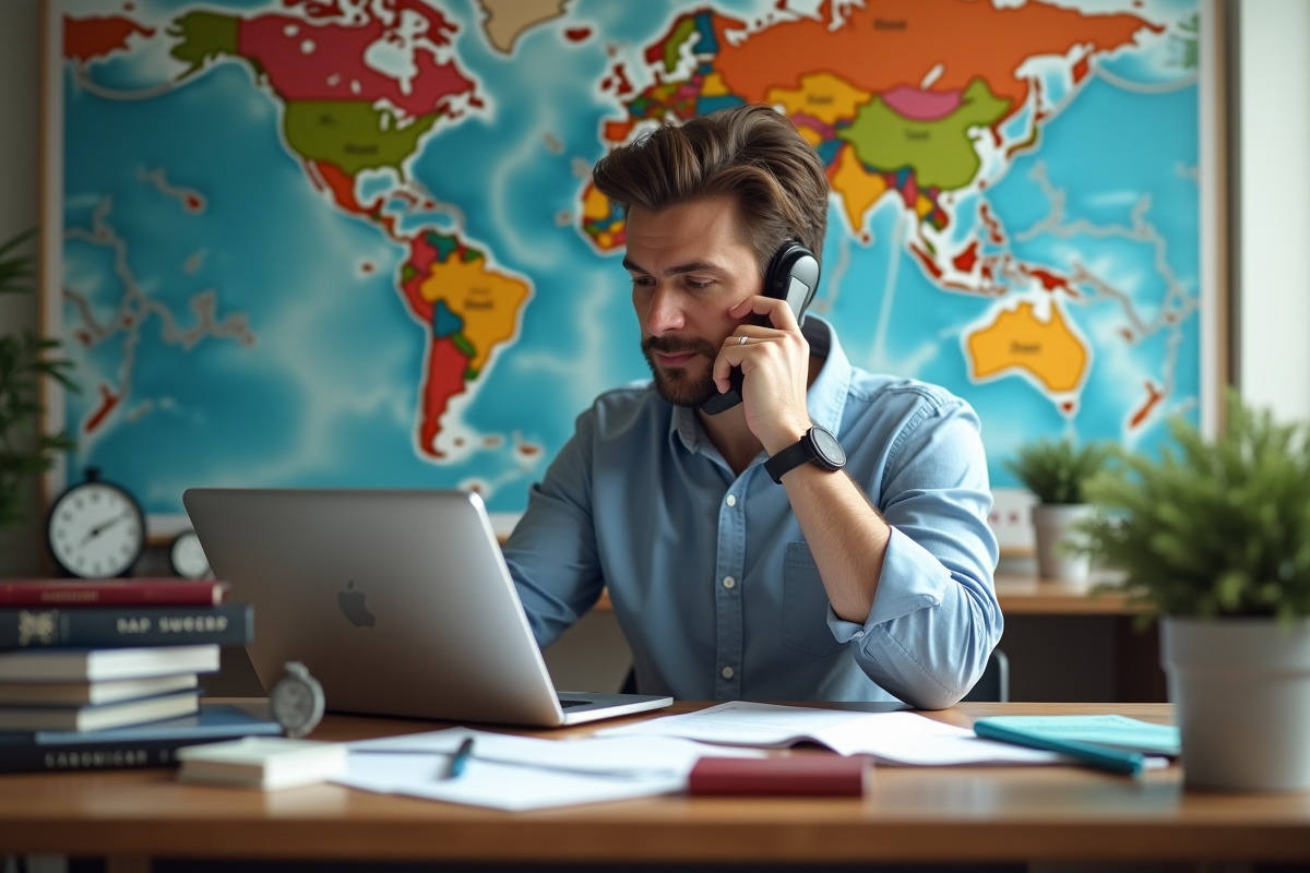 Un gestionnaire de voyages avec passeports et billets pour planifier un voyage international