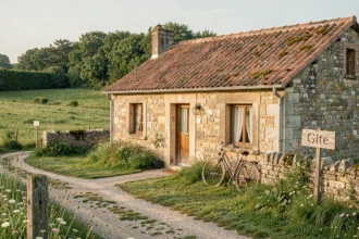 Vue d'ensemble d'un gîte rural typique des Pays de la Loire entouré de prairies verdoyantes et de haies bocagères