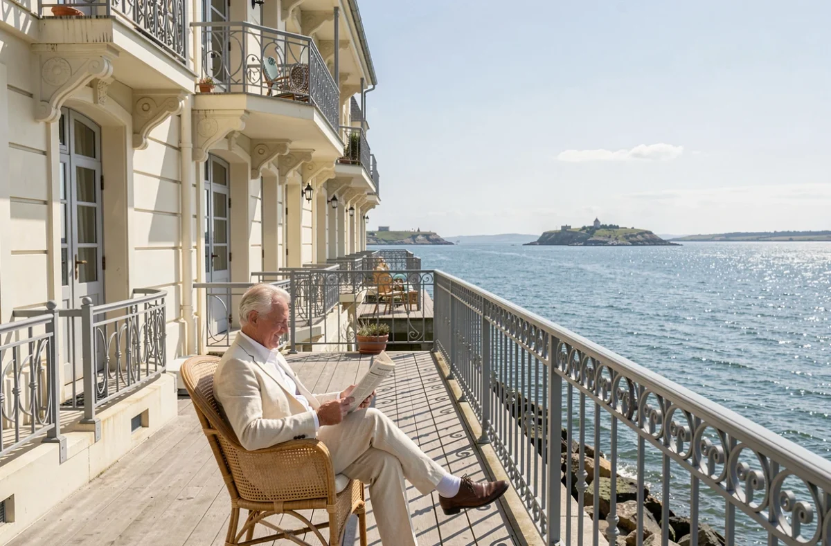 Véranda panoramique du Grand Hôtel des Bains à Fouras avec vue sur l'estuaire de la Charente