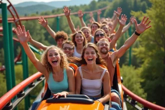 Jeunes souriants sur un roller coaster en plein air
