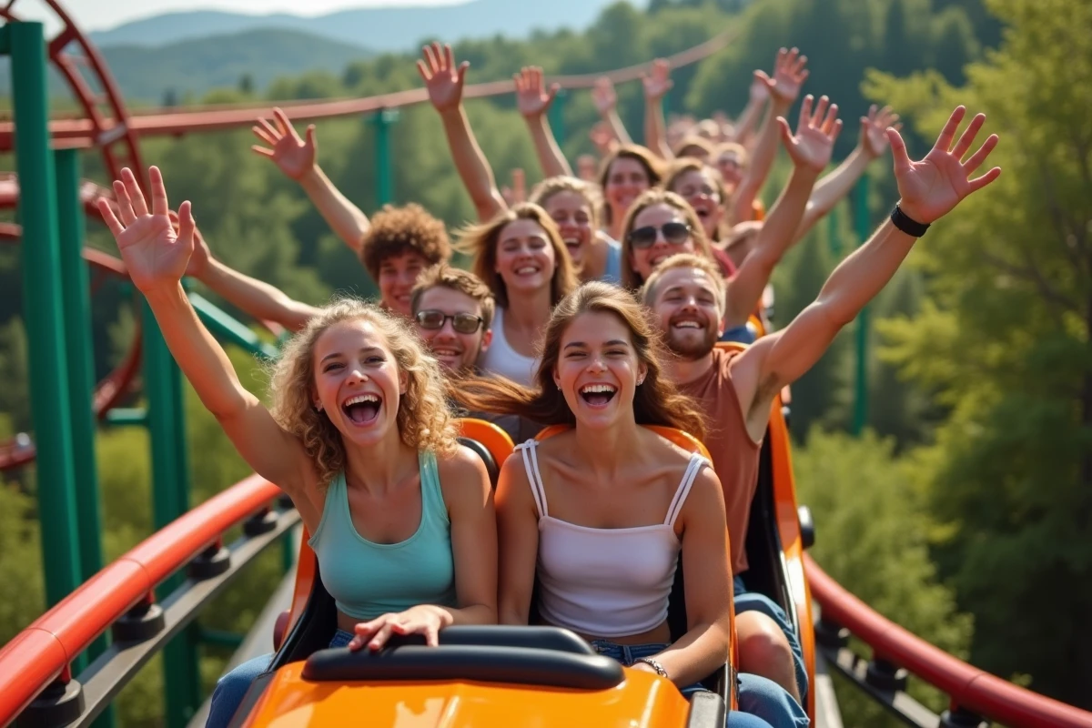Jeunes souriants sur un roller coaster en plein air