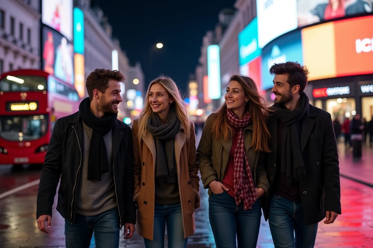 Groupe d'amis dans Piccadilly Circus la nuit