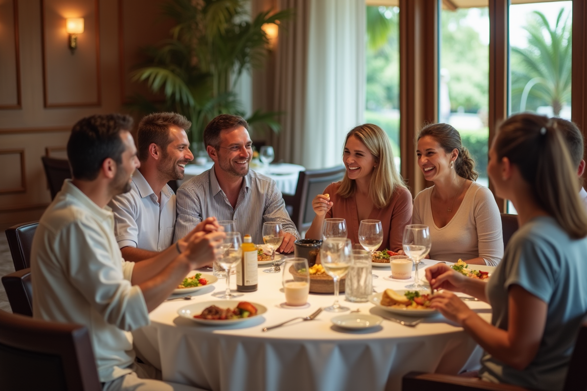 Groupe divers de vacanciers partageant un repas convivial