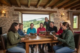 Groupe d adultes et adolescents discutant autour d'une table dans un gîte