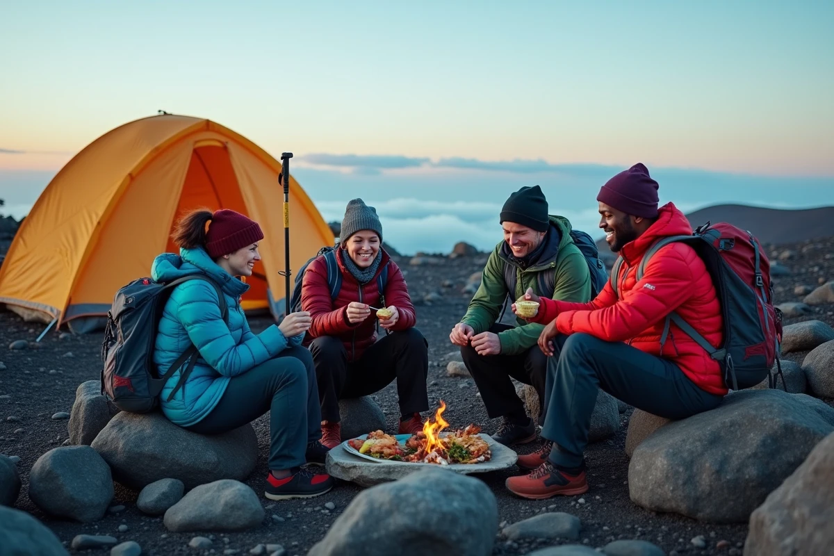 Groupe de randonneurs en pause repas au camp de base du Kilimandjaro dans un paysage volcanique aride