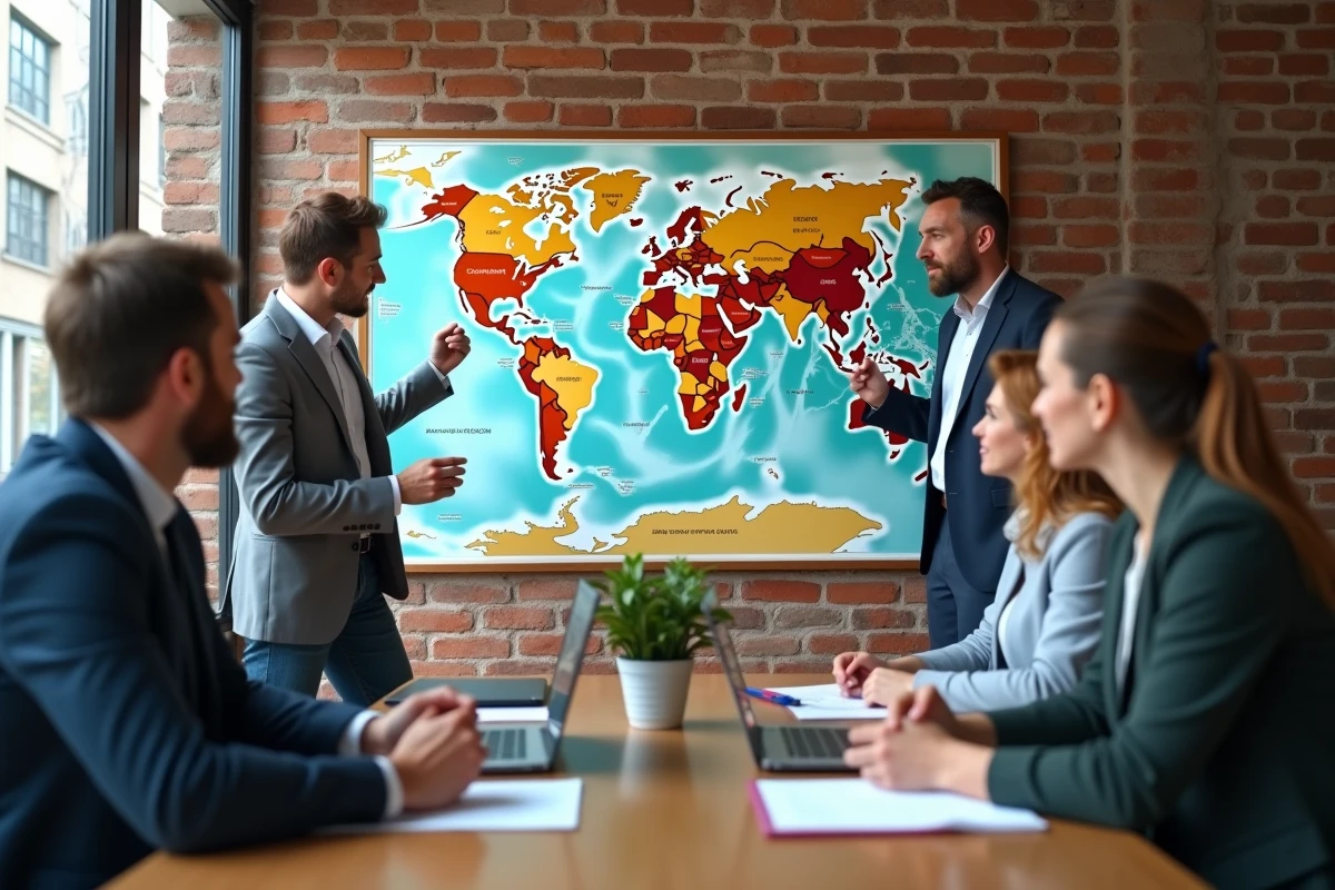 Groupe de professionnels discutant autour d une carte du monde