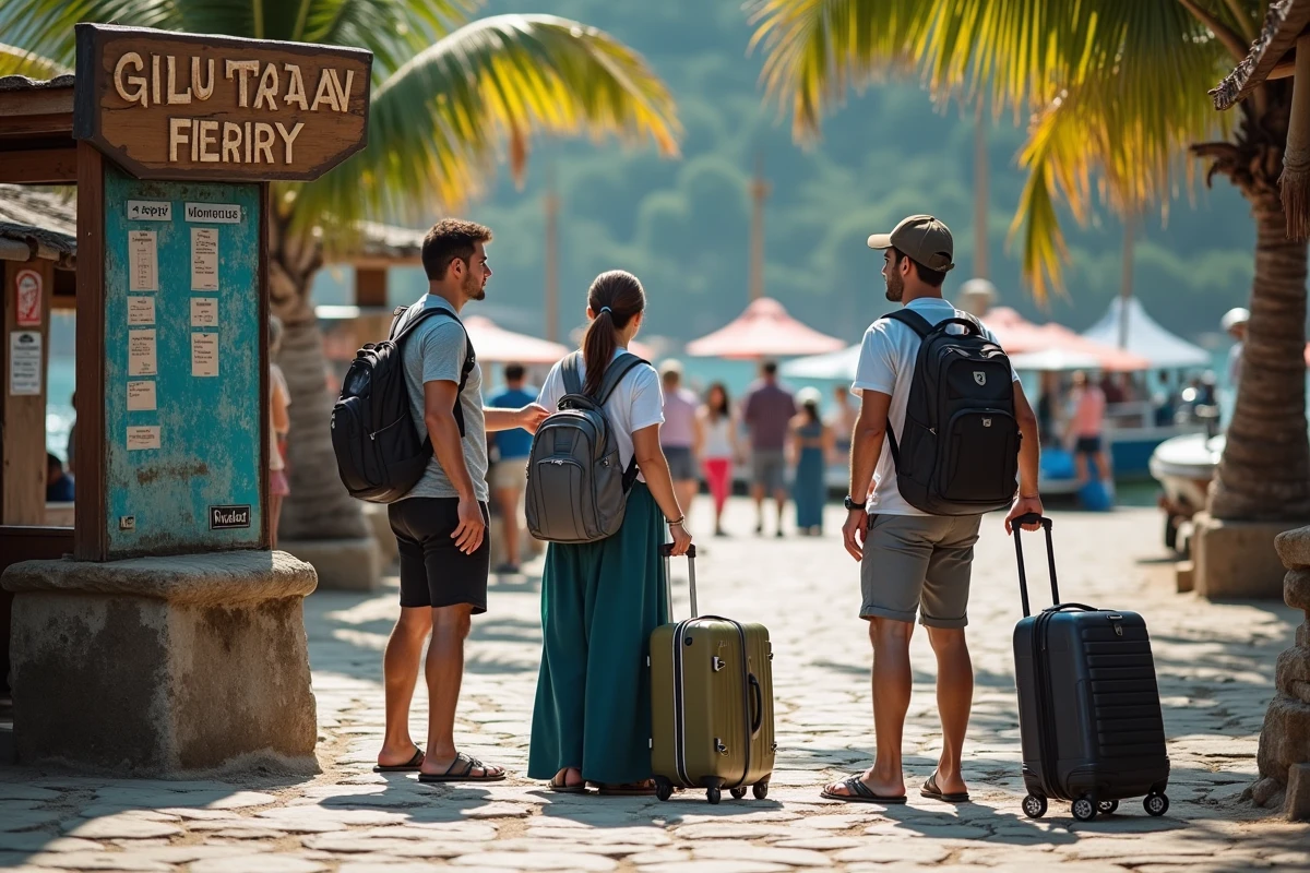 Groupe de voyageurs discutant avec un opérateur de ferry