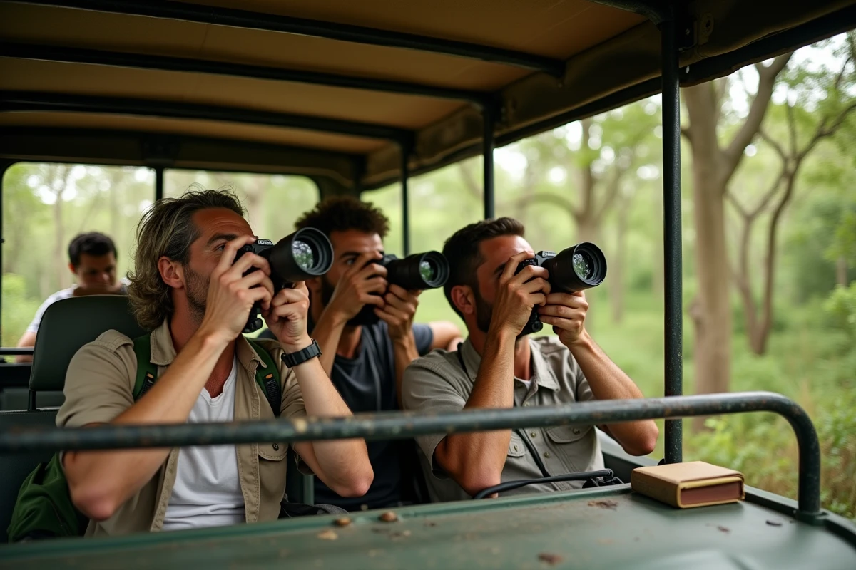 Groupe de voyageurs photographiant des grands fauves depuis un 4x4 safari en Afrique avec Aguila voyage