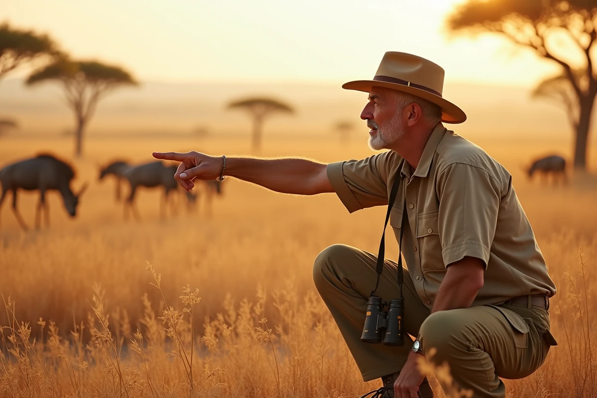 Guide safari en pleine observation de la faune sauvage dans la savane africaine avec Aguila voyage
