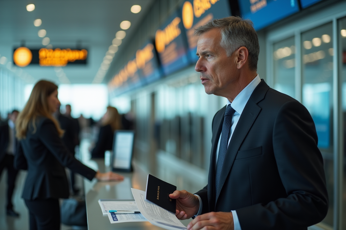 Homme d'affaires parlant à une réceptionniste à l'aéroport