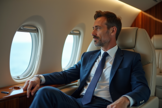 Homme en costume dans un jet privé regardant par la fenêtre