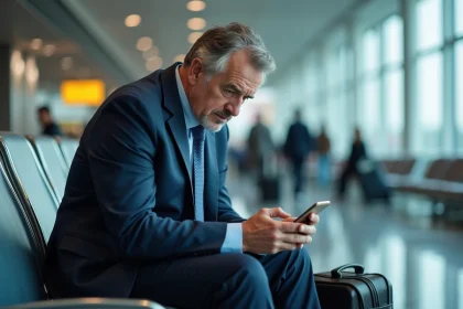 Homme d'affaires en costume bleu dans un aéroport
