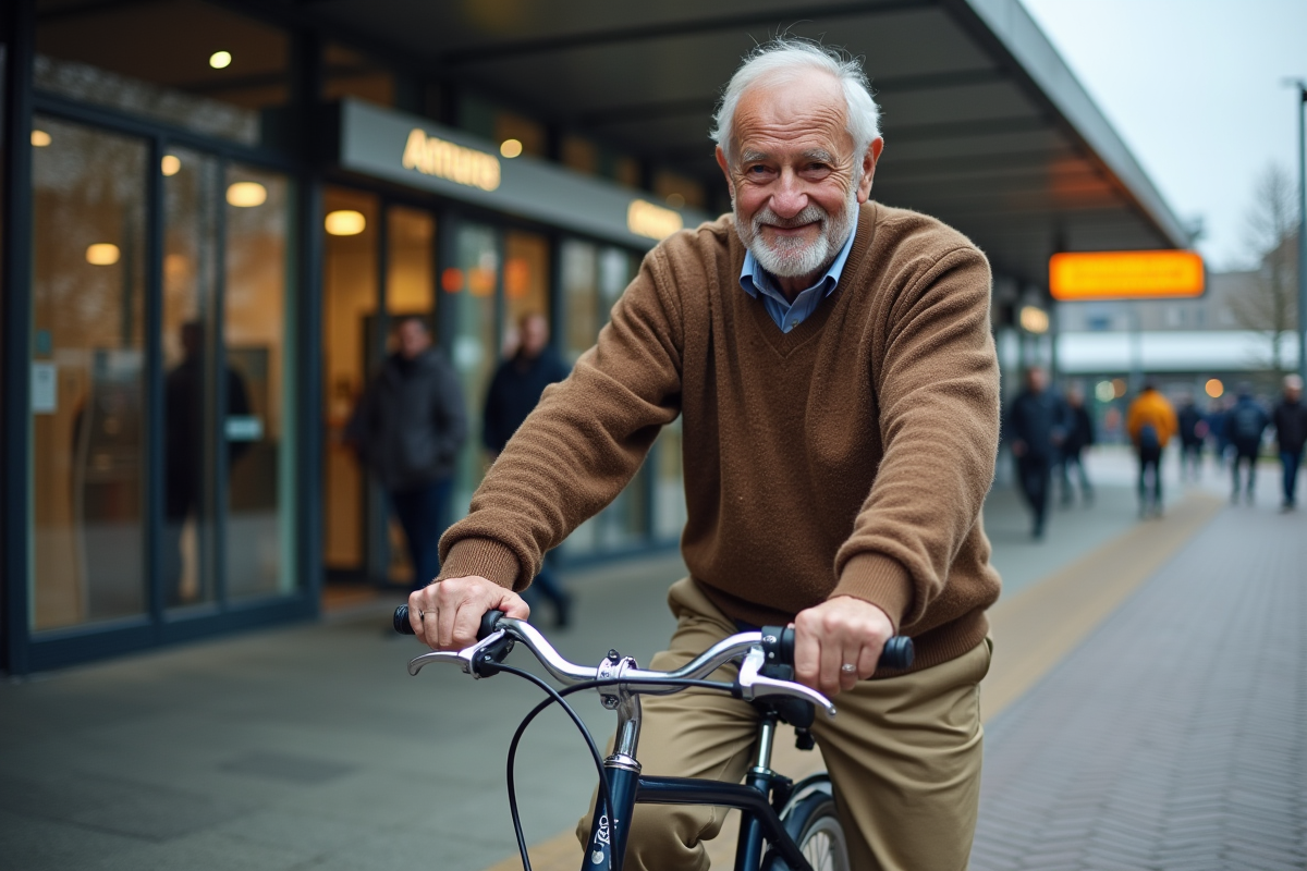 Homme âgé sécurise son vélo à la gare d