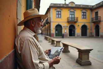 Homme âgé nicaraguayen tenant une photo ancienne devant la place coloniale