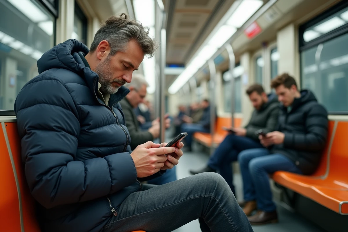 Homme utilisant une application de transport en commun à bord d'une rame de métro berlinois