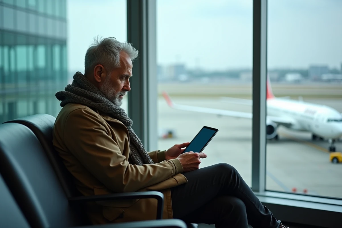 Homme dans un aéroport regardant son tablette