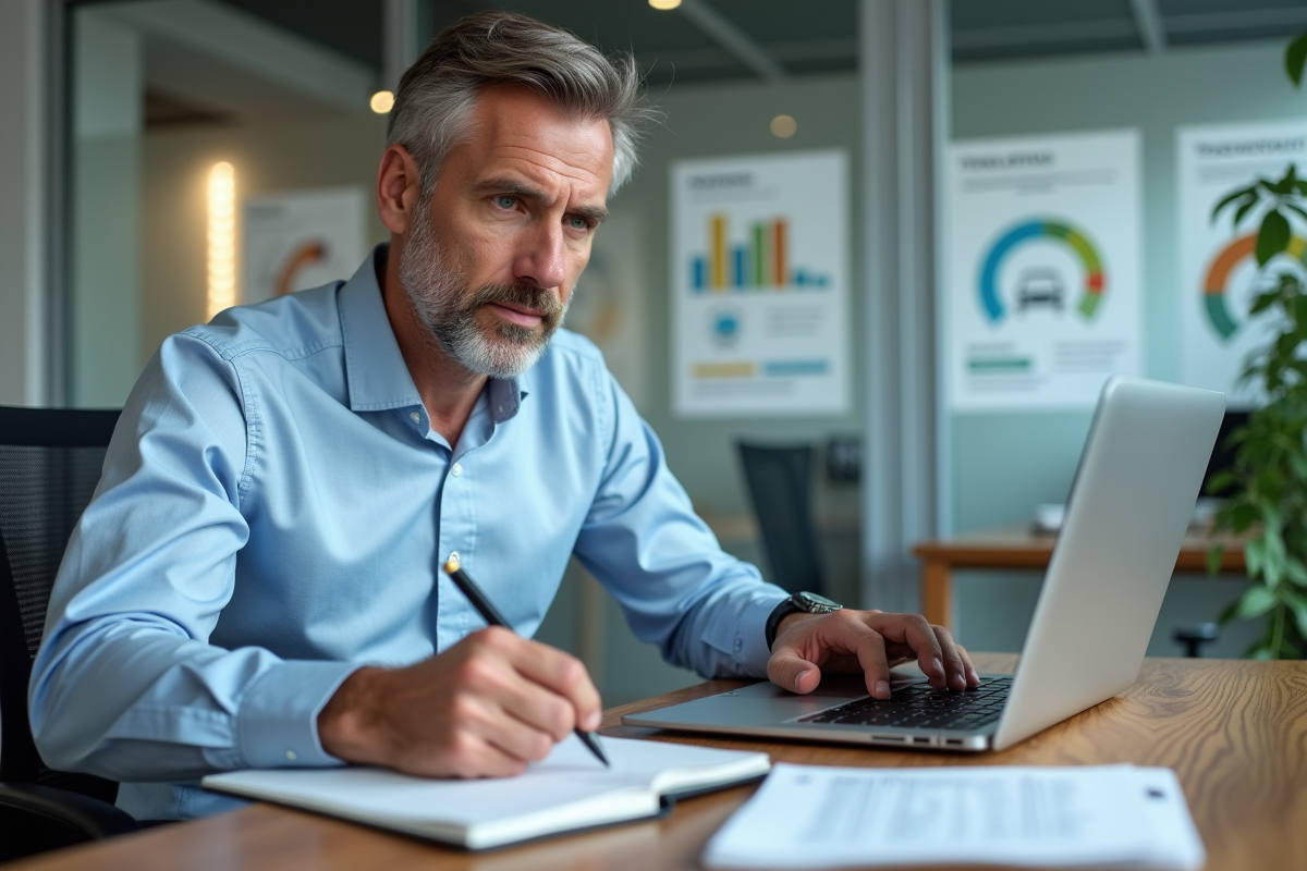 Homme d'âge moyen utilisant un ordinateur portable dans un bureau moderne