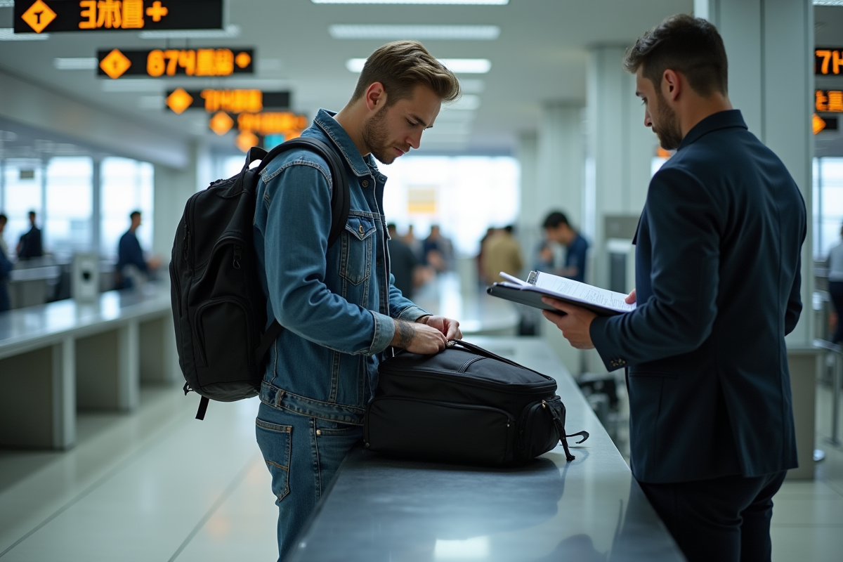 Jeune homme vérifiant son sac à dos au poste de douane