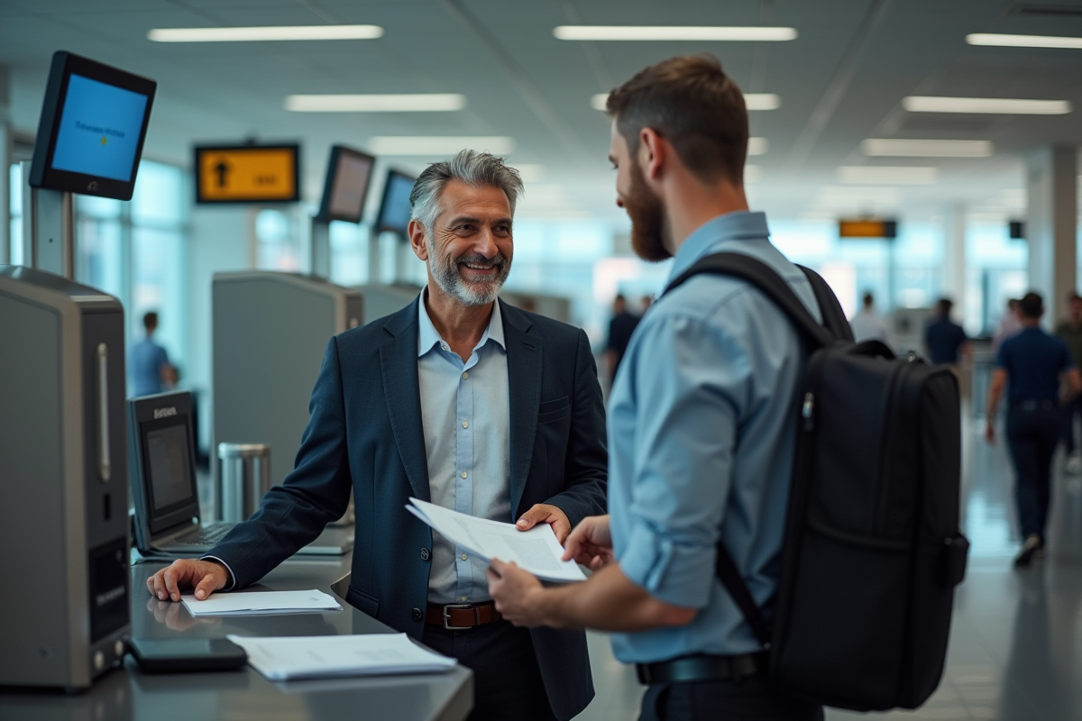 Homme souriant discutant avec un agent de douane