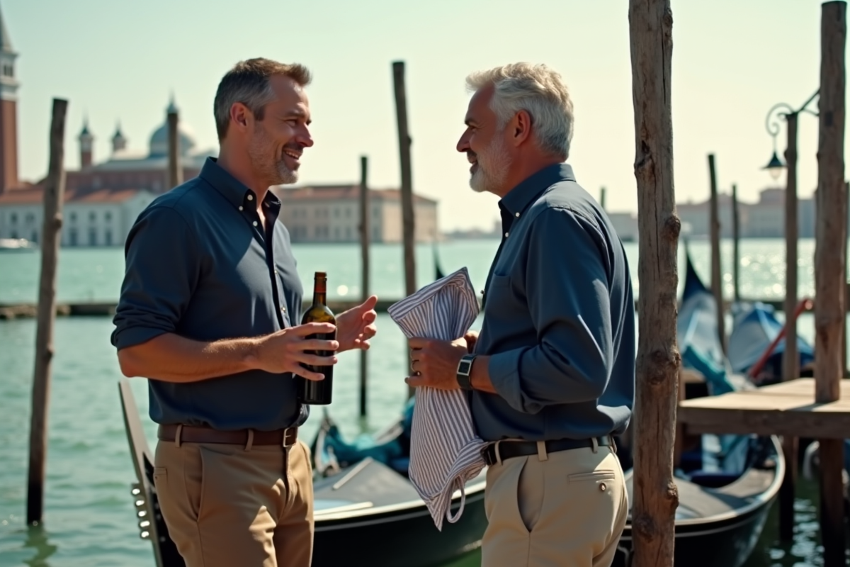 Homme discutant avec gondolier au port venetien
