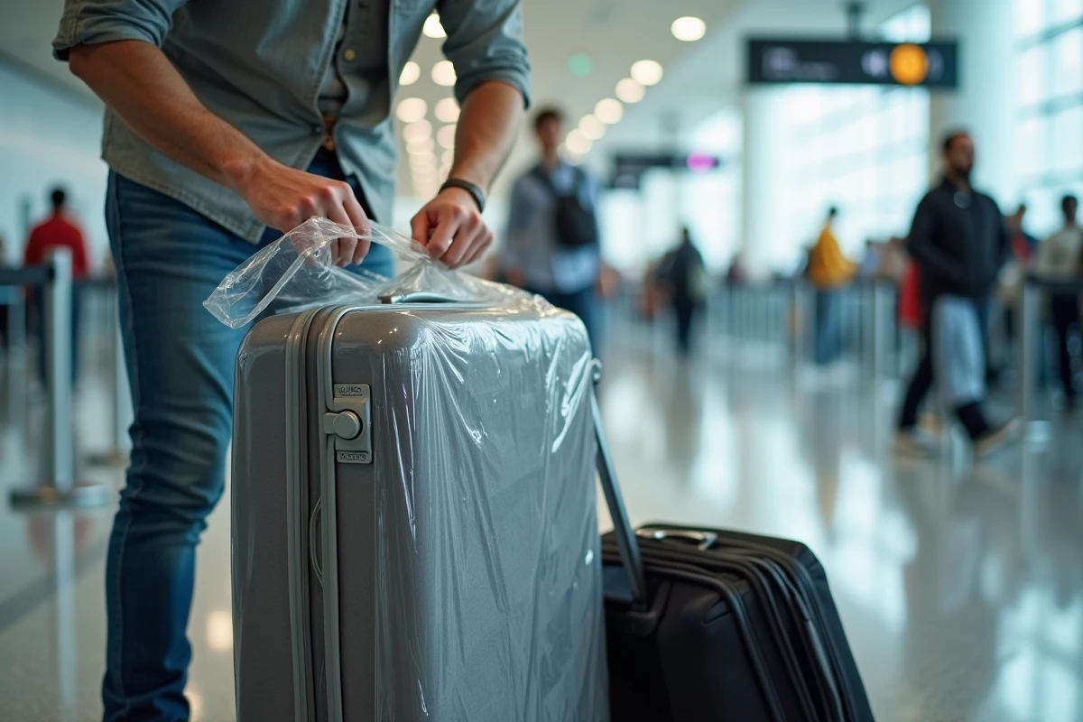 Homme emballant sa valise à l'aéroport avec soin