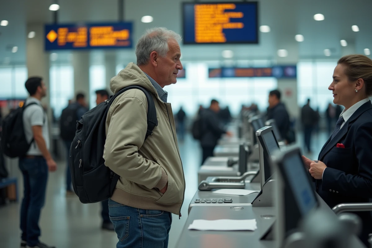 Homme enregistrement à la caisse d un aéroport animé