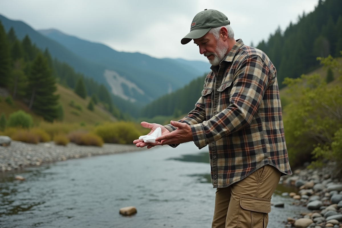 Homme montre comment manipuler tissues près de la rivière