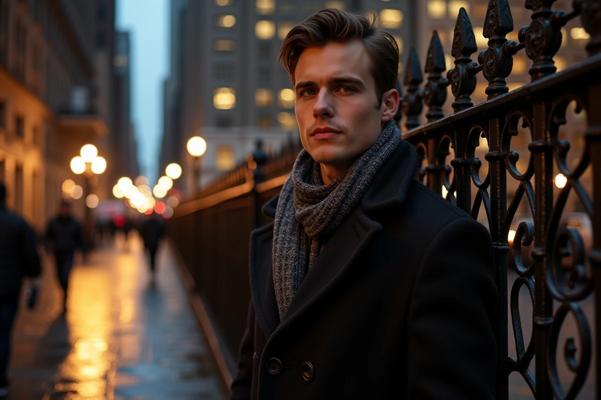 Homme jeune près de la façade illuminée du Woolworth Building