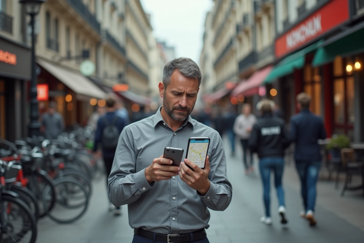 Homme consultant un itinéraire de trajet professionnel sur son téléphone devant une entrée de métro en ville