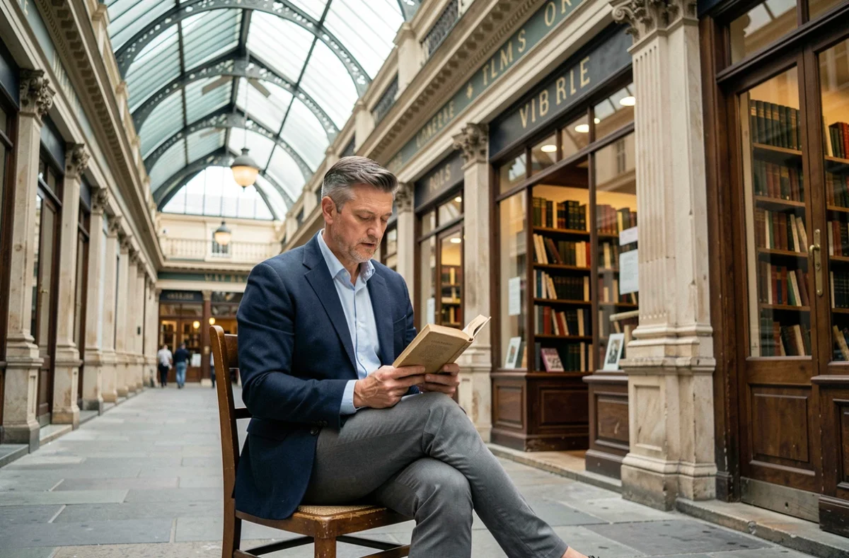 Homme lisant un livre ancien devant une librairie du passage Vivienne, dans l'atmosphère feutrée de la galerie couverte parisienne
