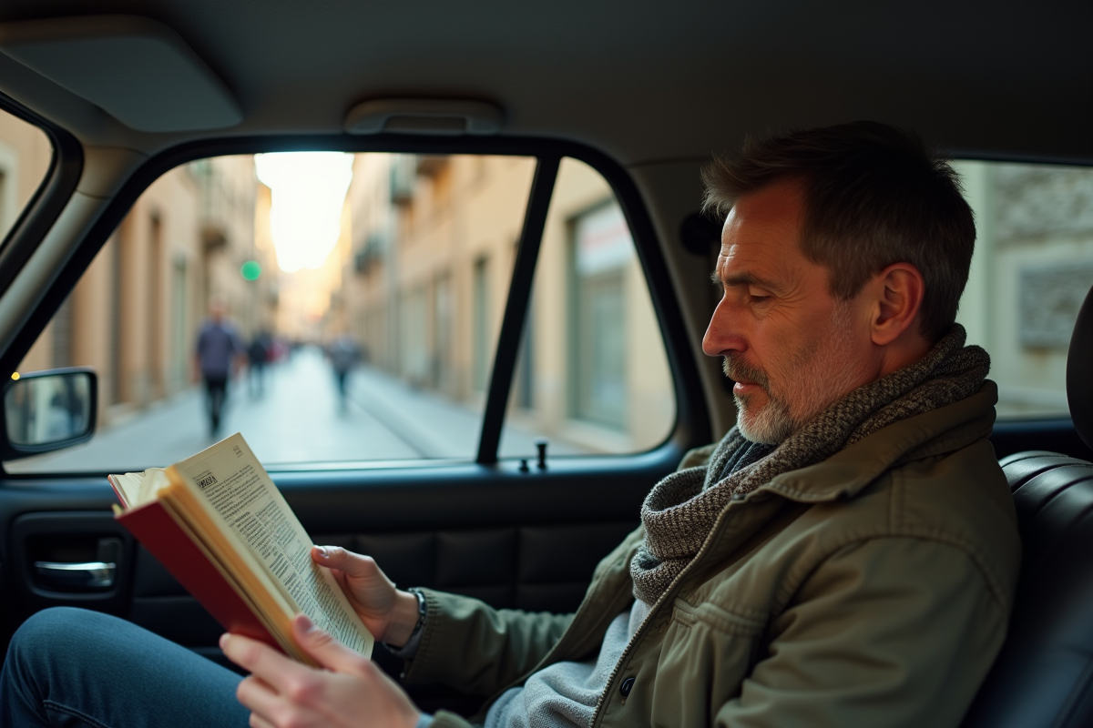 Homme lisant dans une voiture en ville italienne