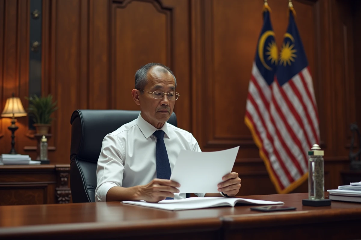 Homme malaysien lisant des documents dans un bureau officiel