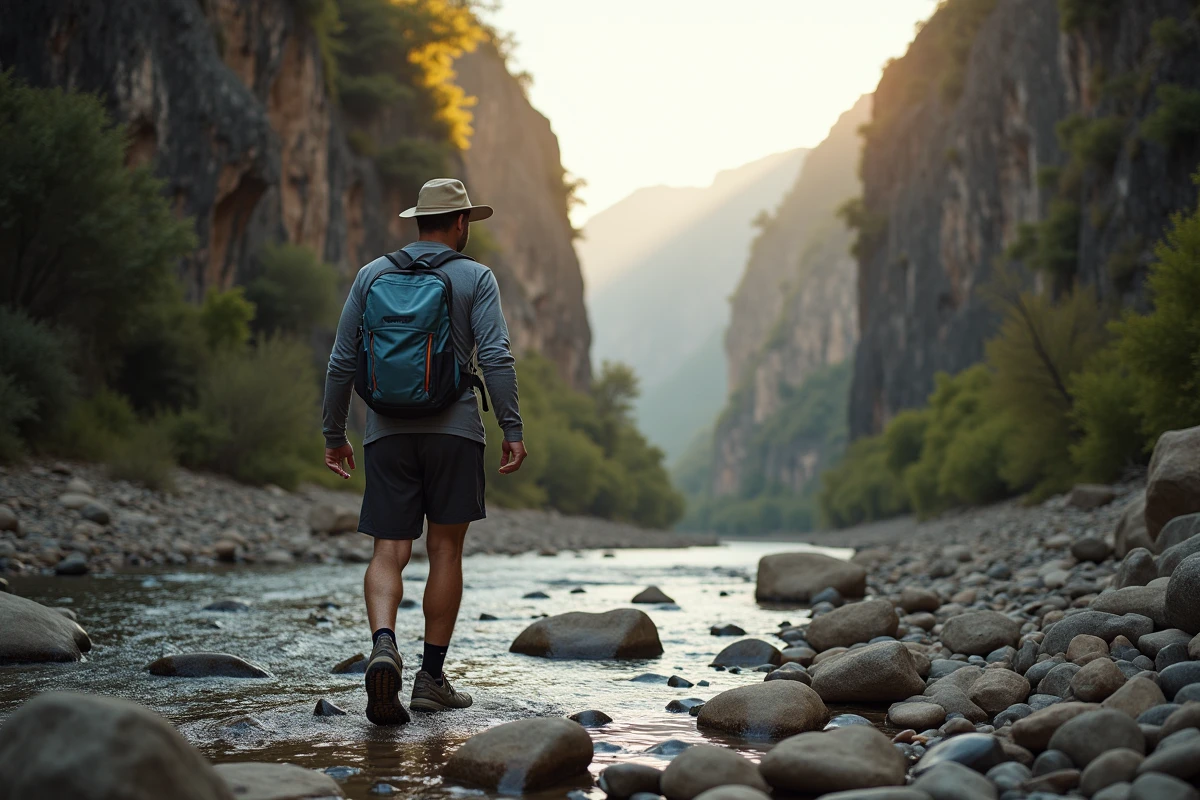 Homme seul en marche dans la gorge de Gorropu au matin