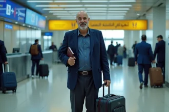 Homme marocain patient en ligne à l'aéroport Mohammed V