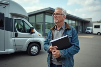Homme d'âge moyen négociant avec un professionnel devant un camping-car