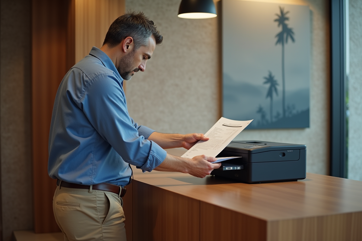 Homme fait une photocopie de son passeport dans un centre d
